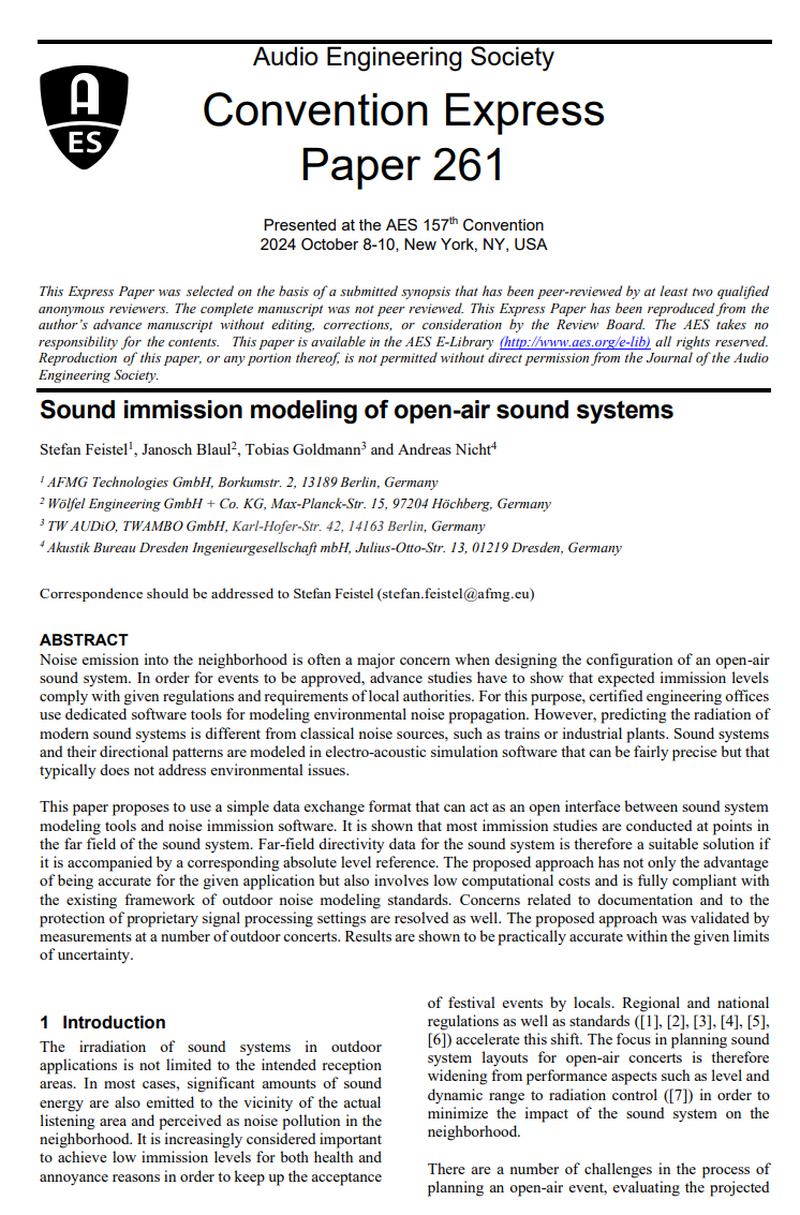 Image AES Convention Express Paper 261 - Sound Immission Modeling of Open-Air Sound Systems