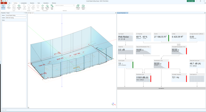 Acoustic parameters window for sloped ceiling tutorial