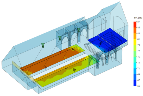 Speaker selection in EASE 5 acoustic simulation. Wide angle.