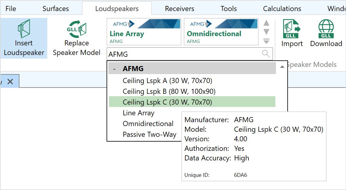 Searching a brand and selecting a loudspeaker from the database.