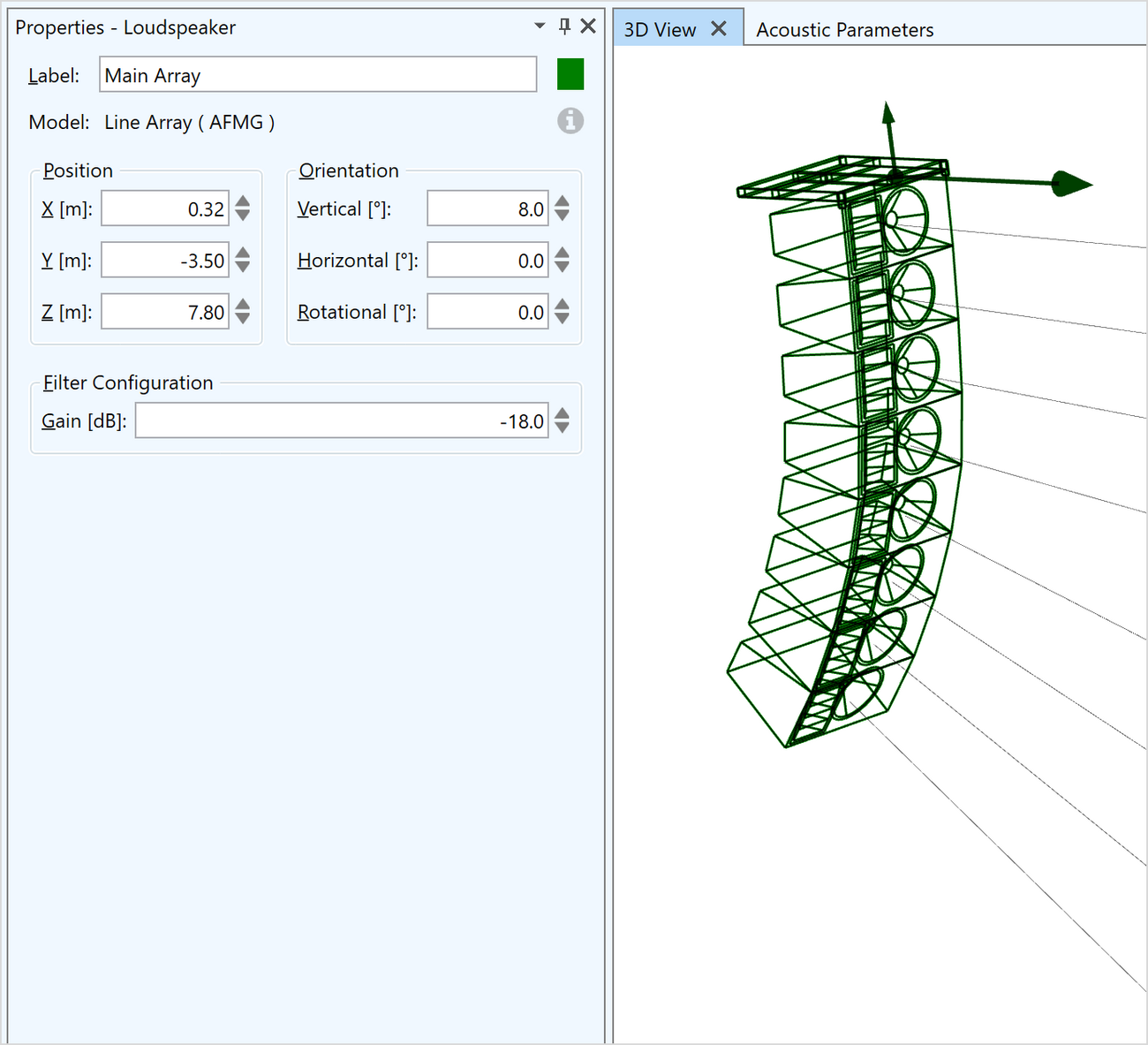 Loudspeaker properties window and aiming lines.