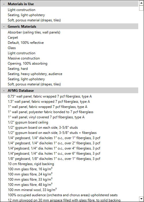 Materials database list.