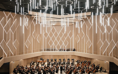 Acoustic design of Lithuanian State Symphony Orchestra Hall. Interior view on the stage.