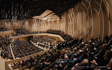 Acoustic design of Lithuanian State Symphony Orchestra Hall. Interior, view from balcony, wide.